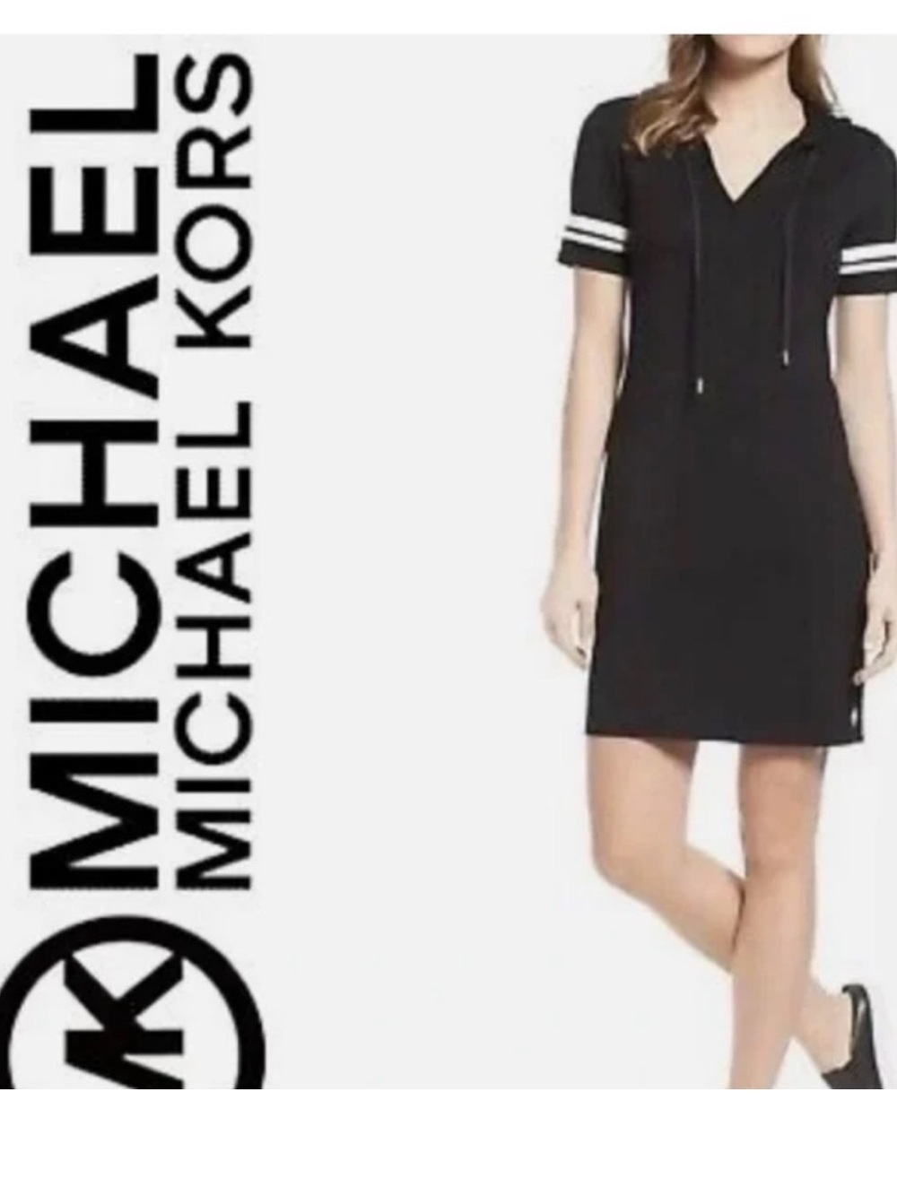 MICHAEL Michael Kors Black Mini Hoodie Dress with White Sleeve Stripes